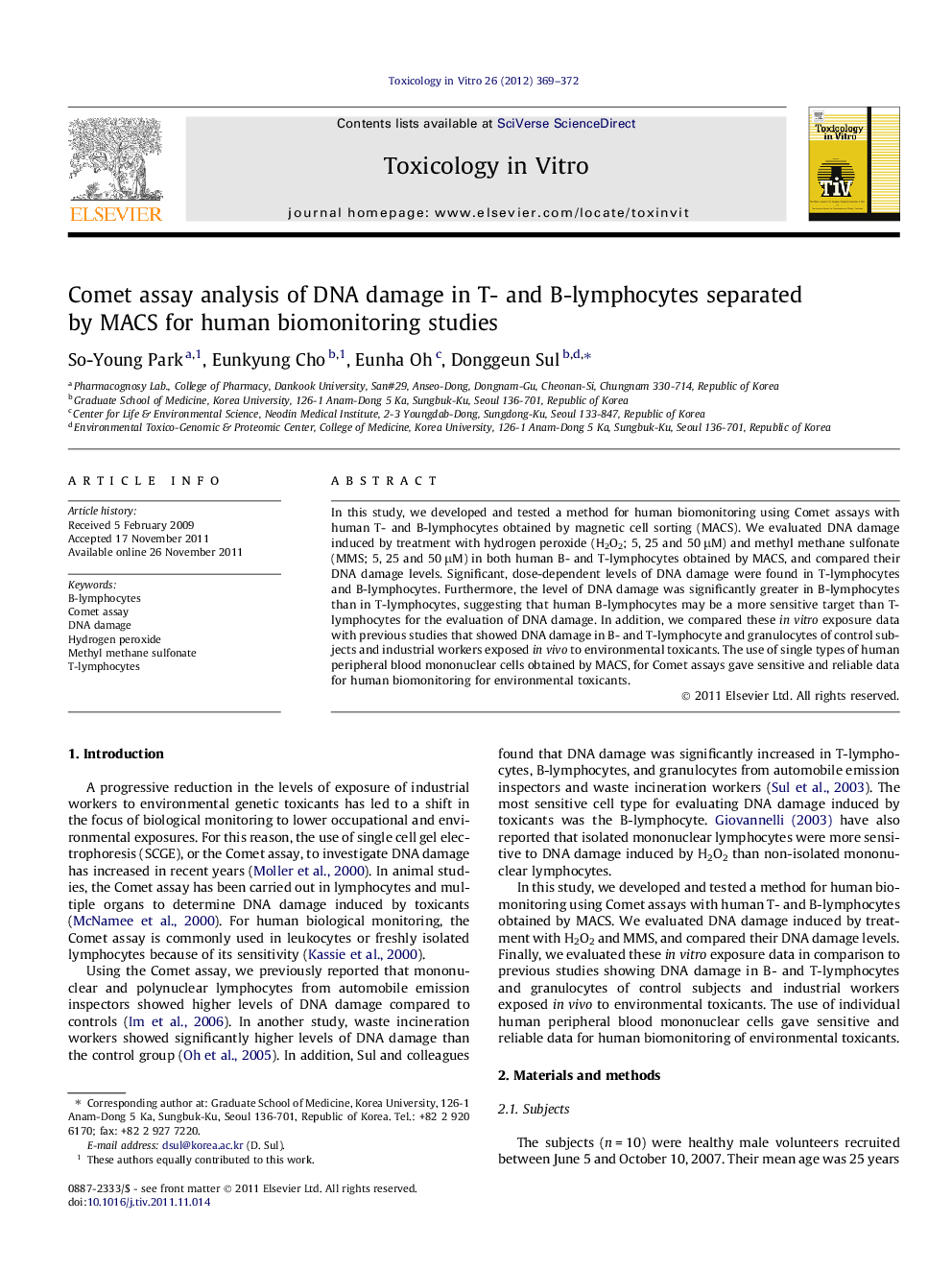 Comet assay analysis of DNA damage in T- and B-lymphocytes separated by MACS for human biomonitoring studies