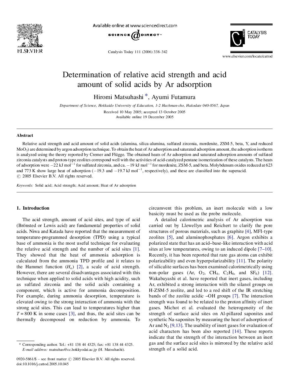 عکس صفحه اول مقاله: Determination of relative acid strength and acid amount of solid acids by Ar adsorption Determination of relative acid strength and acid amount of solid acids by Ar adsorption