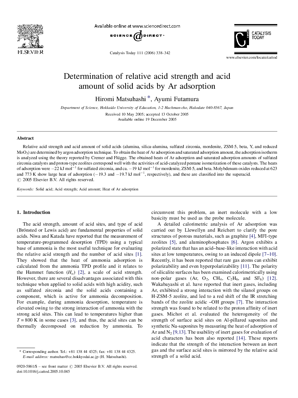 Determination of relative acid strength and acid amount of solid acids by Ar adsorption