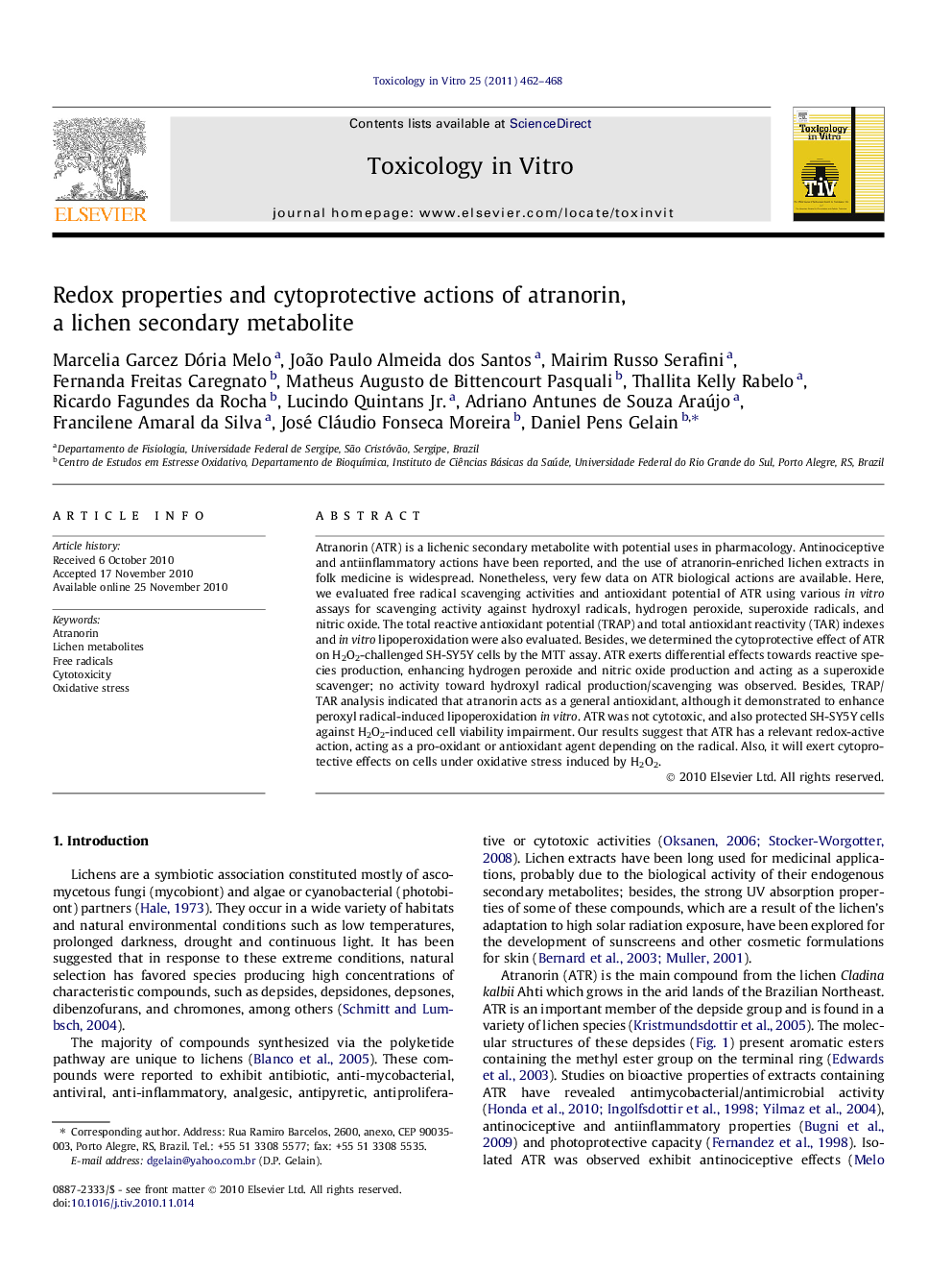 Redox properties and cytoprotective actions of atranorin, a lichen secondary metabolite