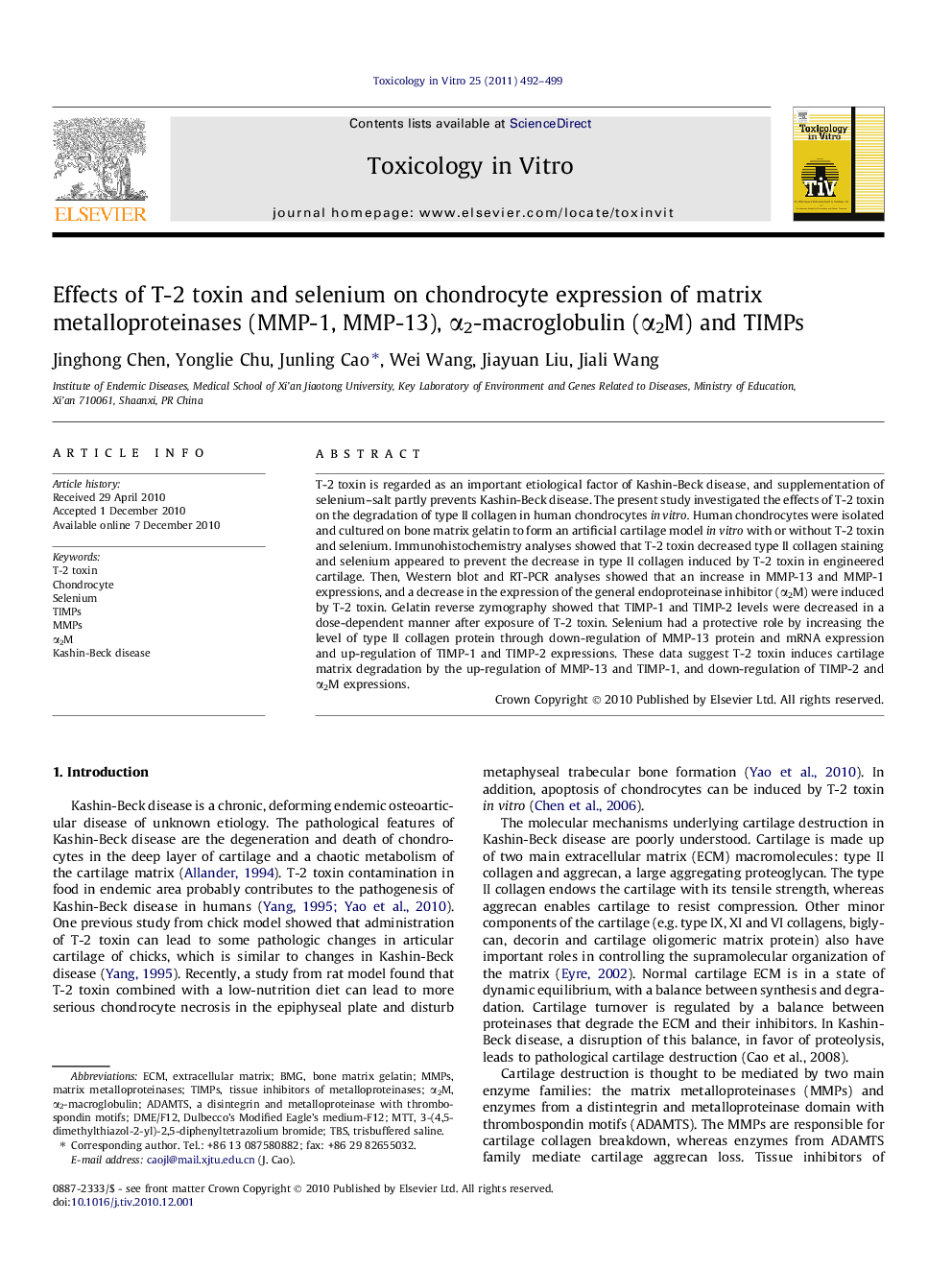 Effects of T-2 toxin and selenium on chondrocyte expression of matrix metalloproteinases (MMP-1, MMP-13), Î±2-macroglobulin (Î±2M) and TIMPs