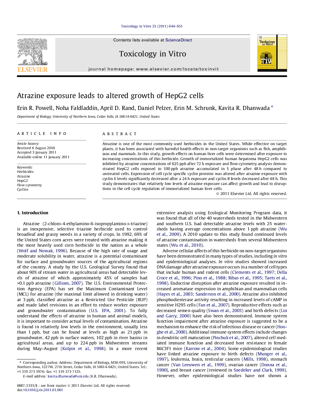 Atrazine exposure leads to altered growth of HepG2 cells