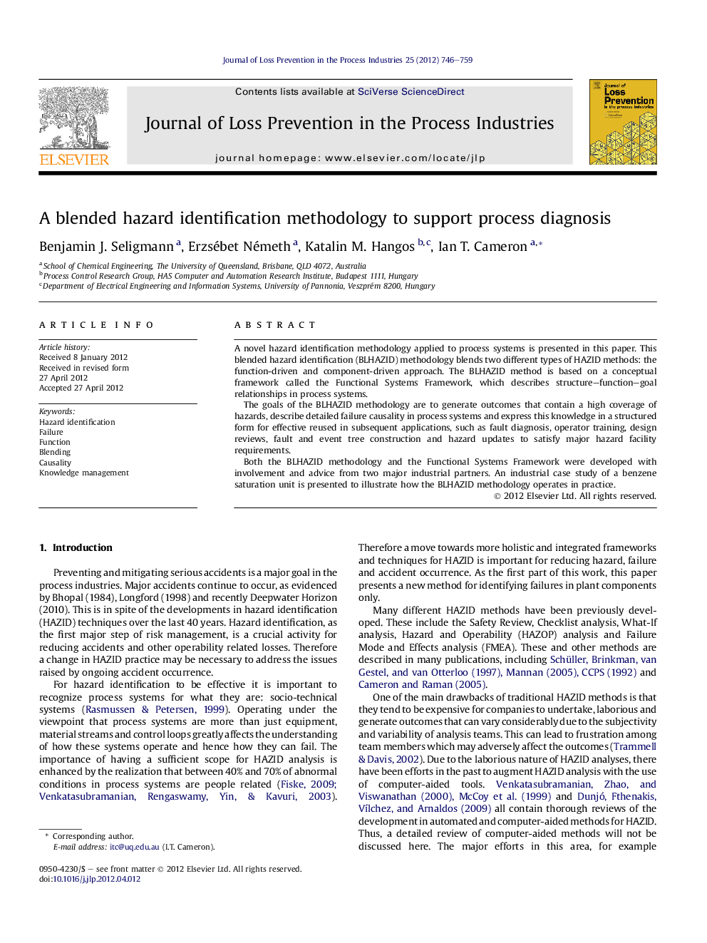 A blended hazard identification methodology to support process diagnosis