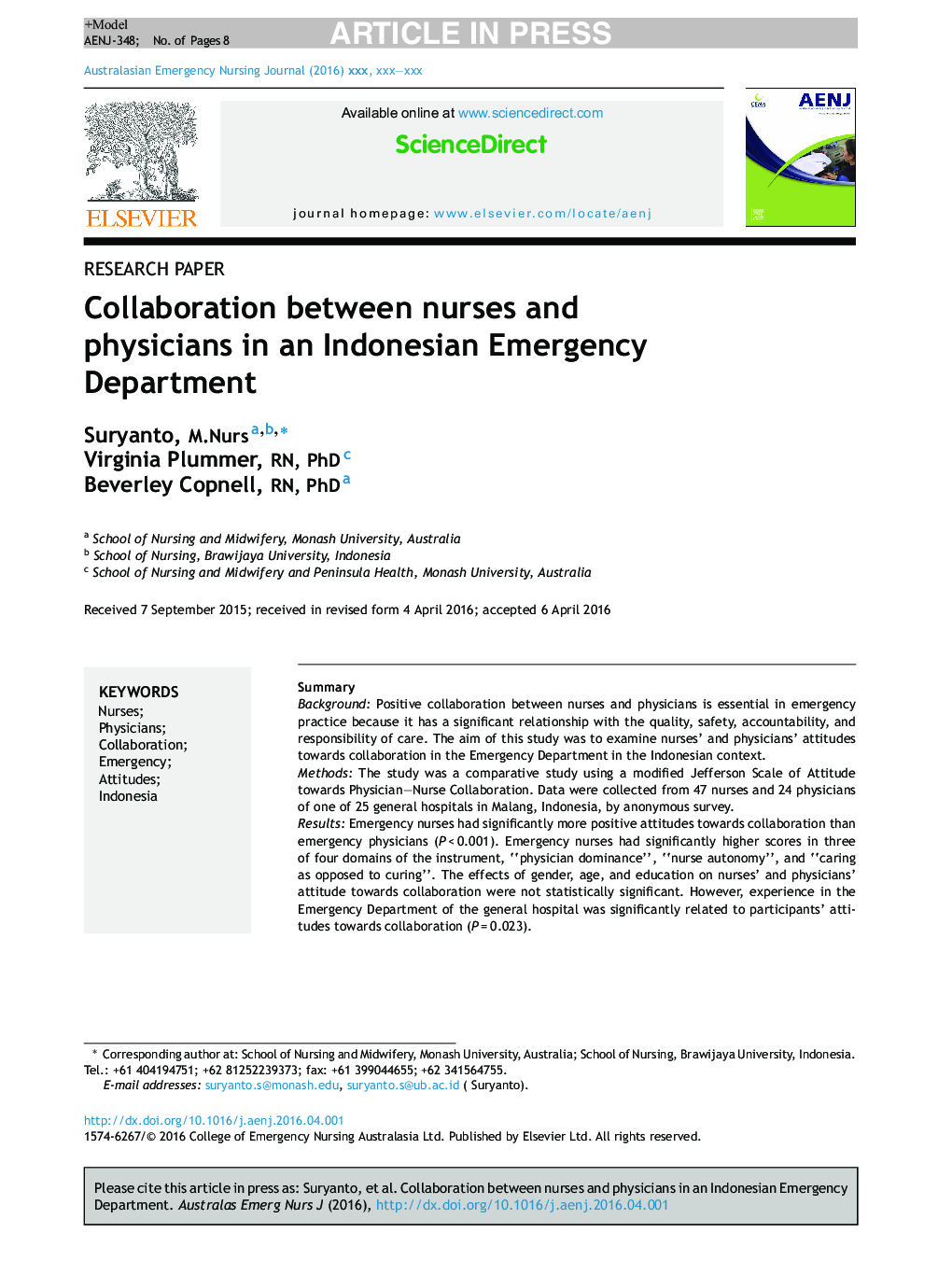 Collaboration between nurses and physicians in an Indonesian Emergency Department