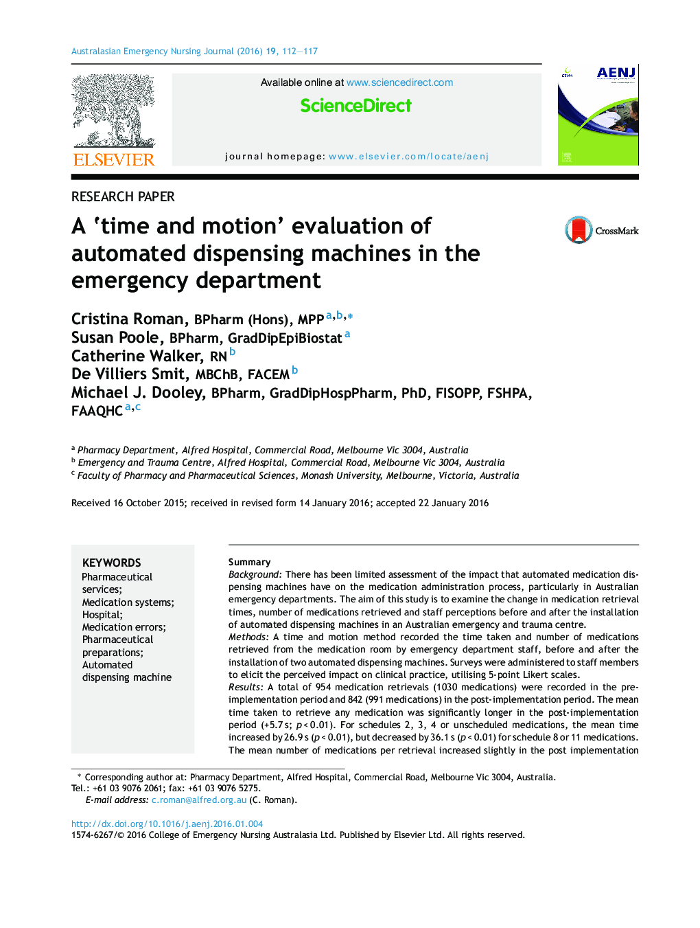 Research paperA 'time and motion' evaluation of automated dispensing machines in the emergency department