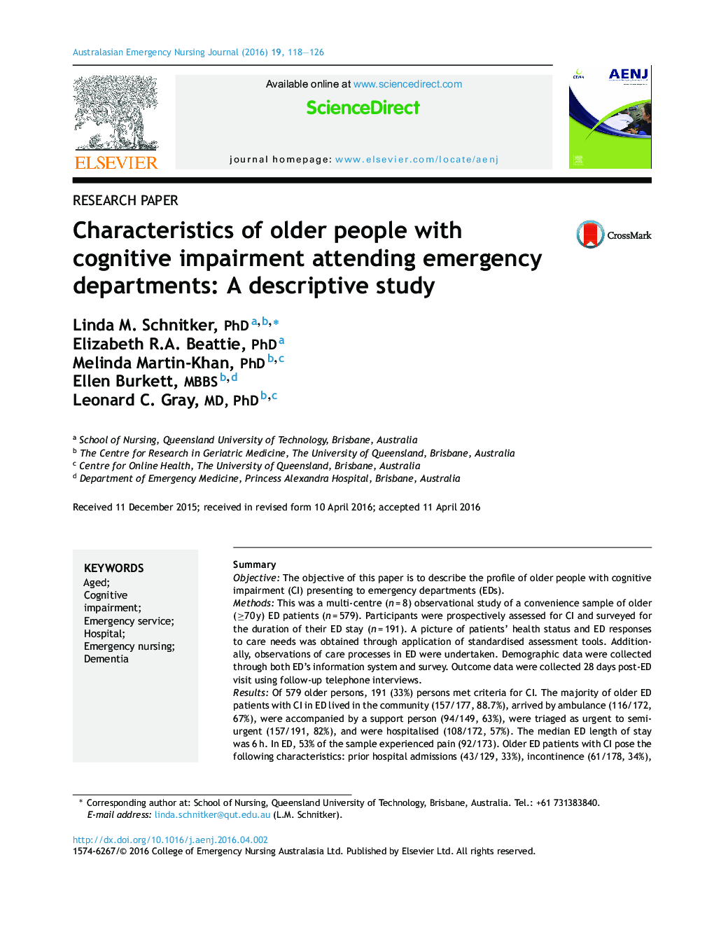 Research paperCharacteristics of older people with cognitive impairment attending emergency departments: A descriptive study