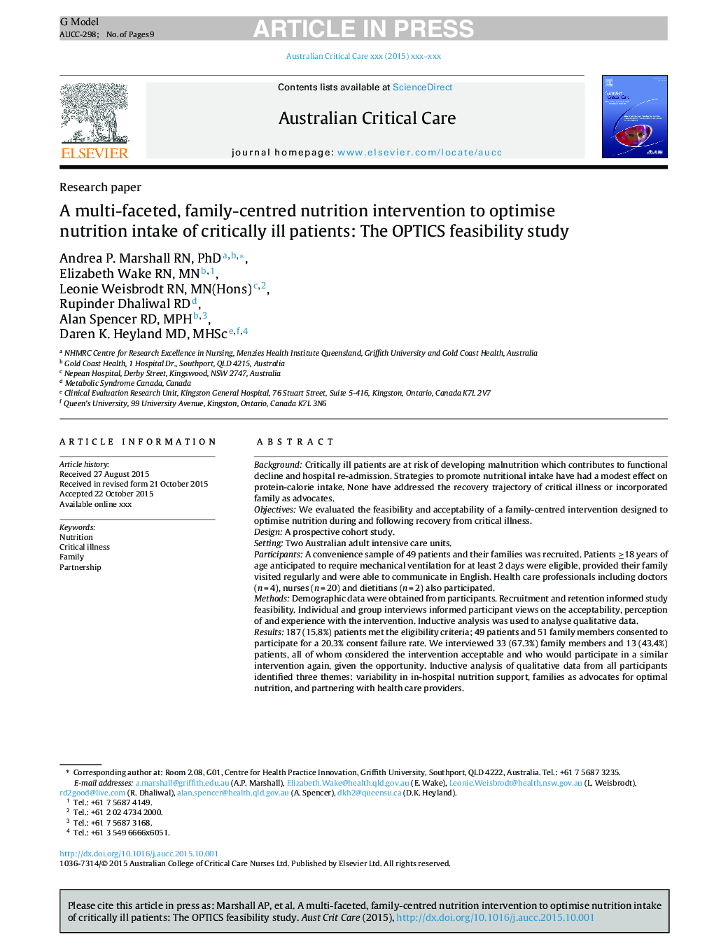 A multi-faceted, family-centred nutrition intervention to optimise nutrition intake of critically ill patients: The OPTICS feasibility study