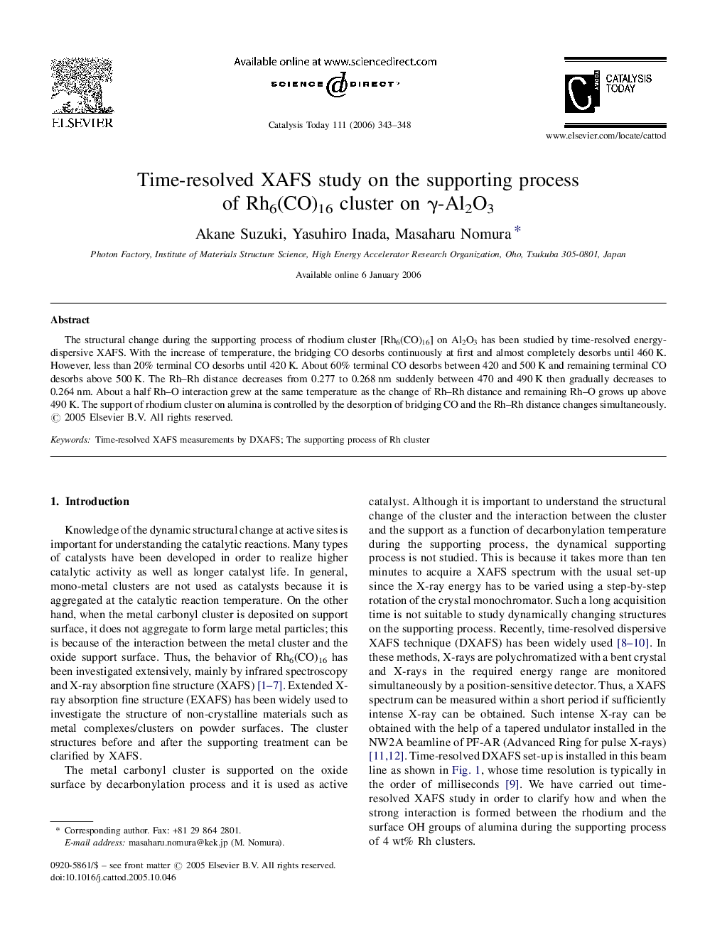 Time-resolved XAFS study on the supporting process of Rh6(CO)16 cluster on γ-Al2O3