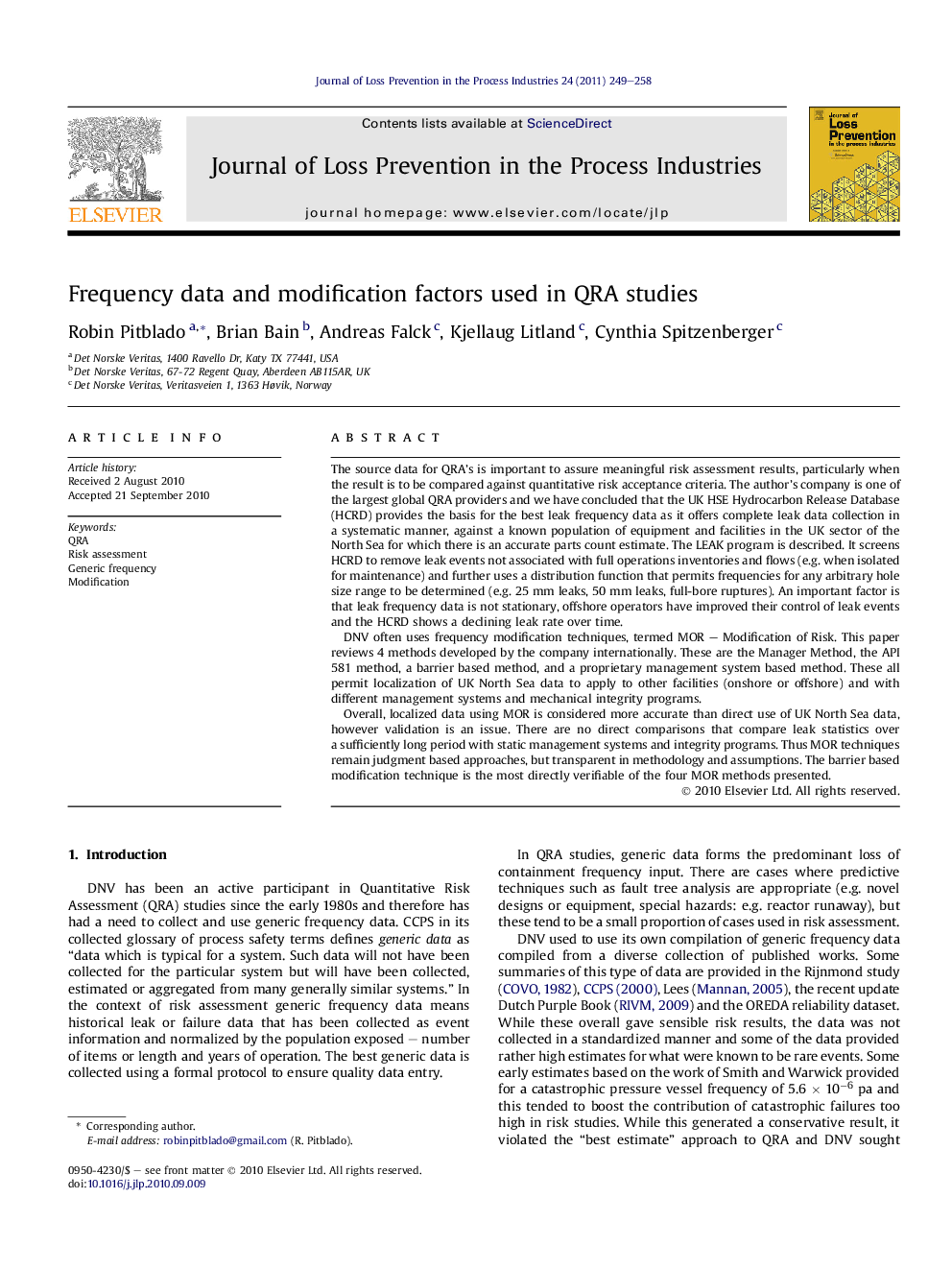 Frequency data and modification factors used in QRA studies