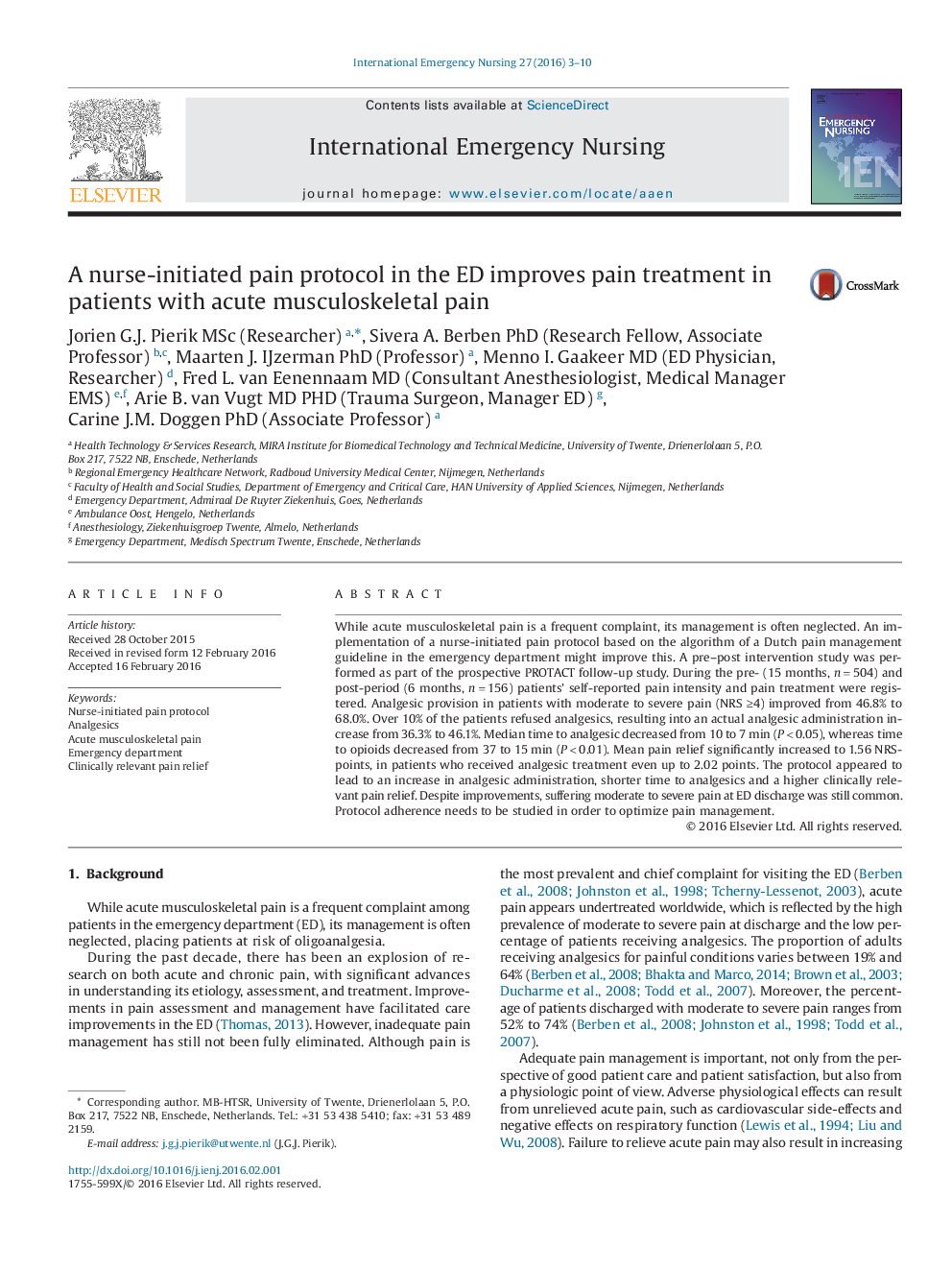 A nurse-initiated pain protocol in the ED improves pain treatment in patients with acute musculoskeletal pain