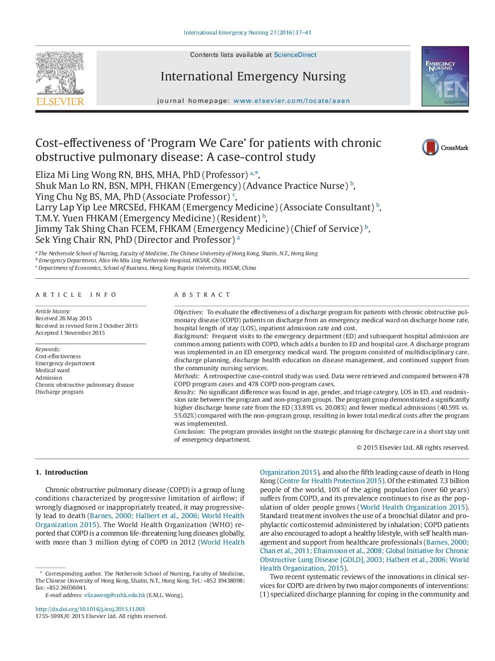 Cost-effectiveness of 'Program We Care' for patients with chronic obstructive pulmonary disease: A case-control study