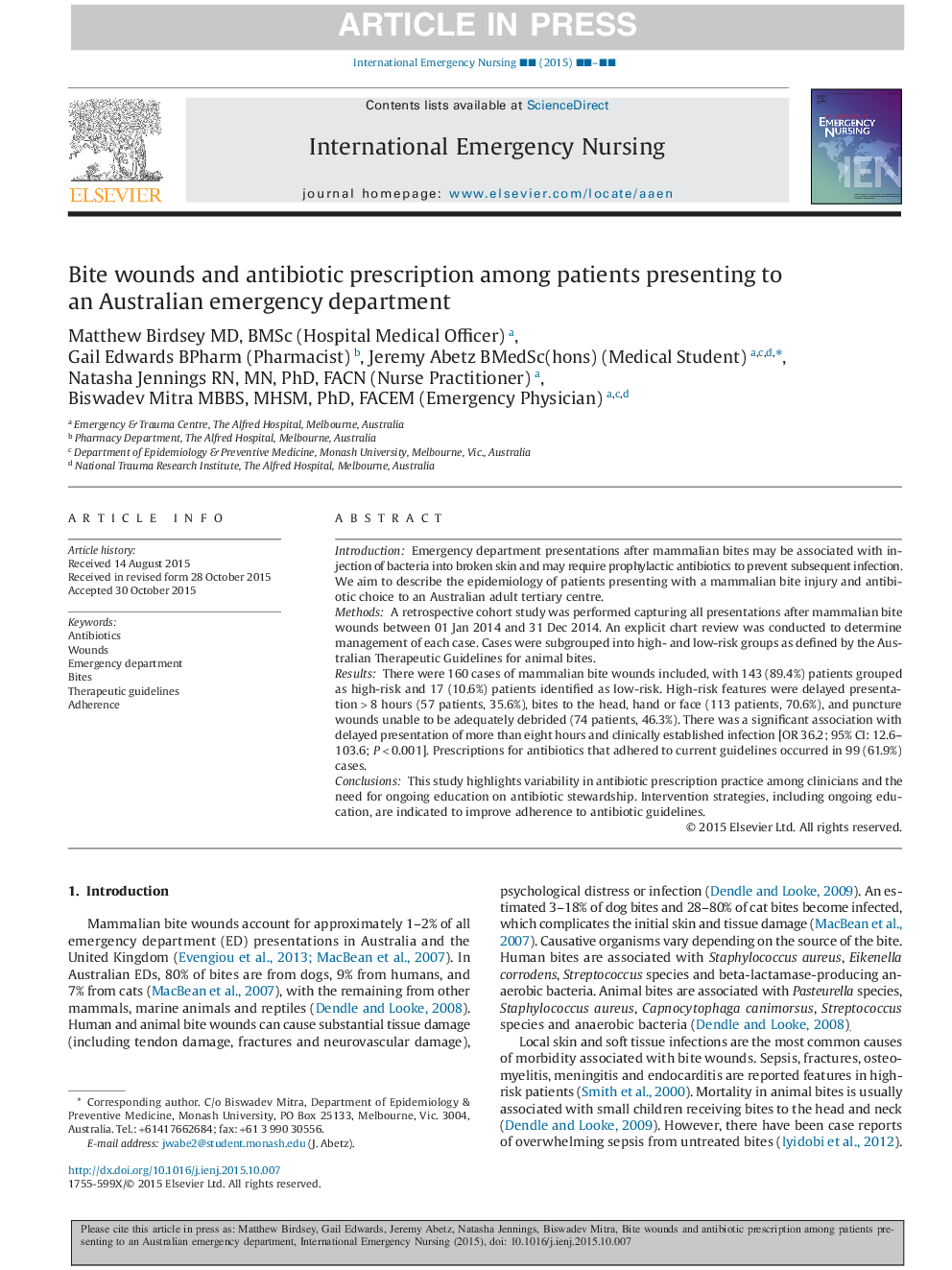 Bite wounds and antibiotic prescription among patients presenting to an Australian emergency department