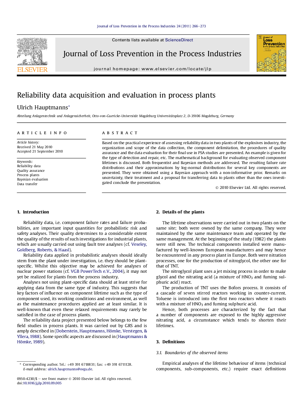 Reliability data acquisition and evaluation in process plants