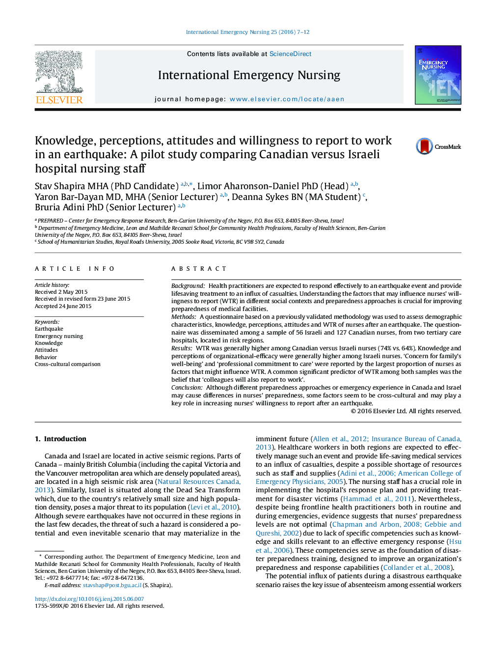 دانش، درک، نگرش و تمایل به گزارش برای کار در یک زلزله: یک مطالعه آزمایشی از مقایسه کارکنان پرستاری بیمارستان کانادا و پرستاران در فلسطین اشغالی