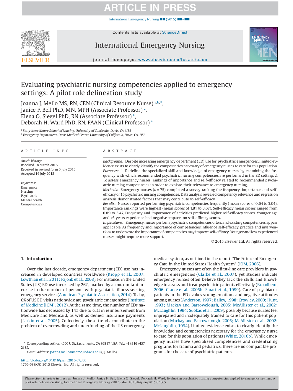 Evaluating psychiatric nursing competencies applied to emergency settings: A pilot role delineation study