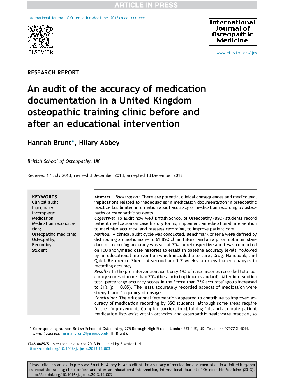 An audit of the accuracy of medication documentation in a United Kingdom osteopathic training clinic before and after an educational intervention