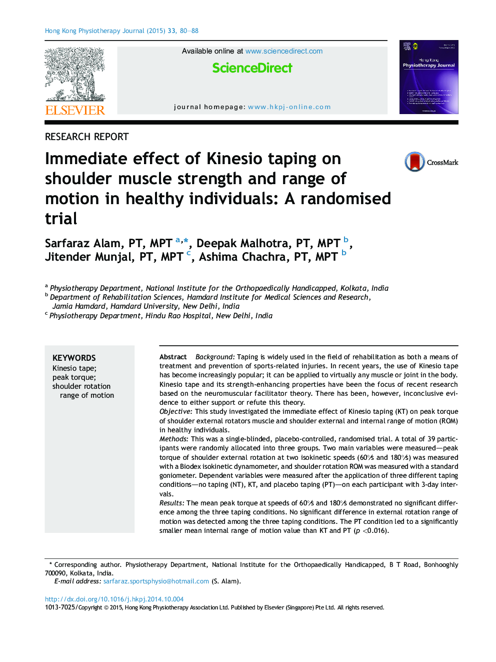Research reportImmediate effect of Kinesio taping on shoulder muscle strength and range of motion in healthy individuals: A randomised trial