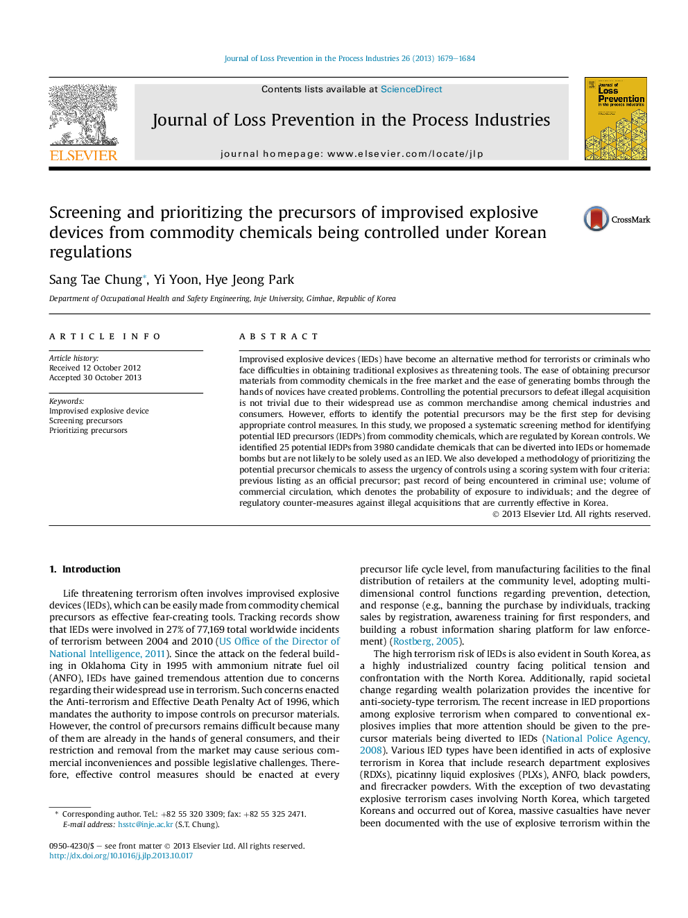 Screening and prioritizing the precursors of improvised explosive devices from commodity chemicals being controlled under Korean regulations