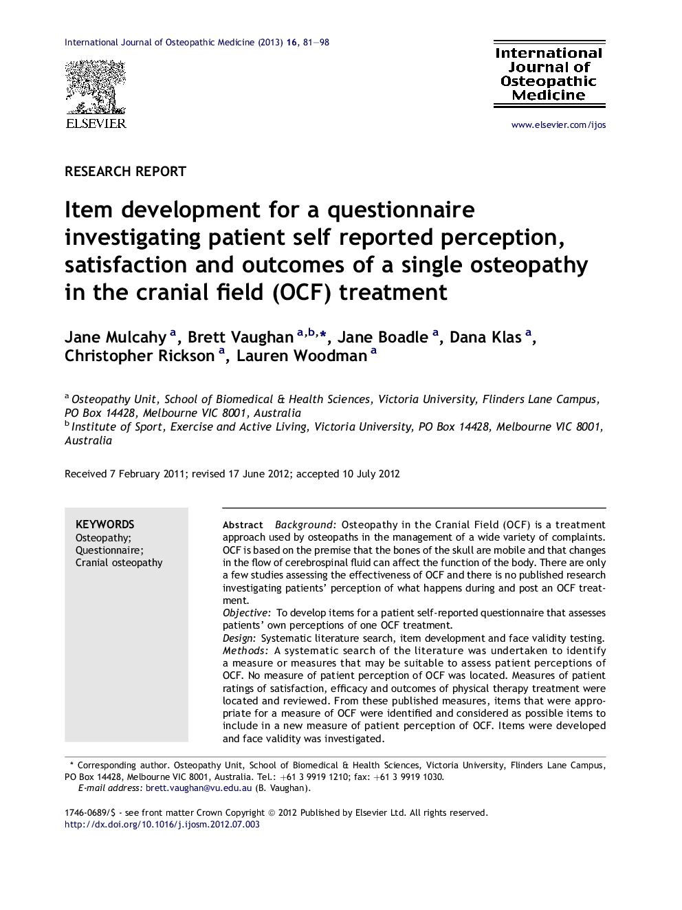 Item development for a questionnaire investigating patient self reported perception, satisfaction and outcomes of a single osteopathy in the cranial field (OCF) treatment