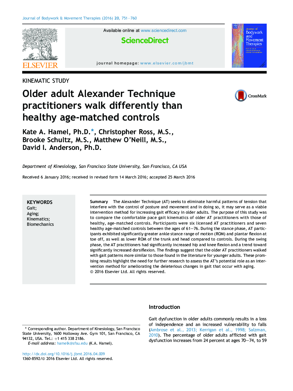 Kinematic studyOlder adult Alexander Technique practitioners walk differently than healthy age-matched controls