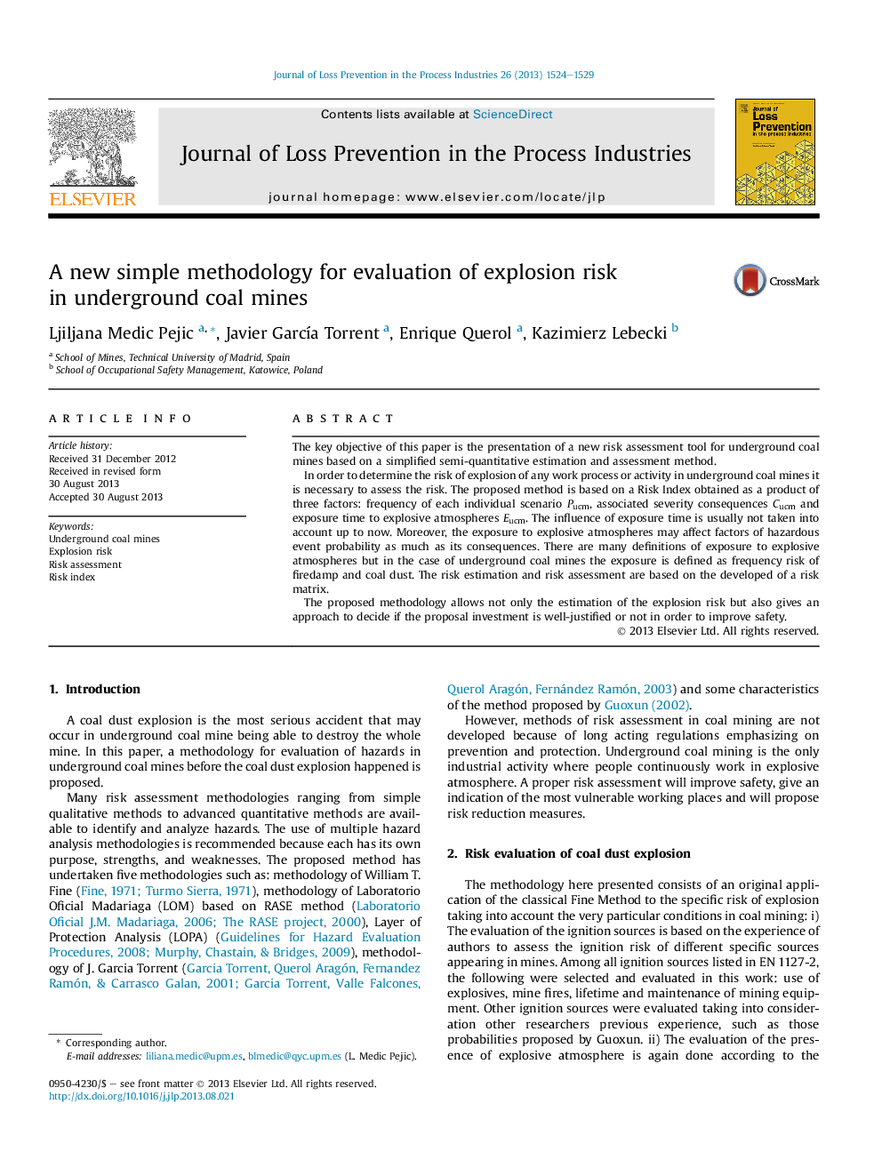 A new simple methodology for evaluation of explosion risk in underground coal mines