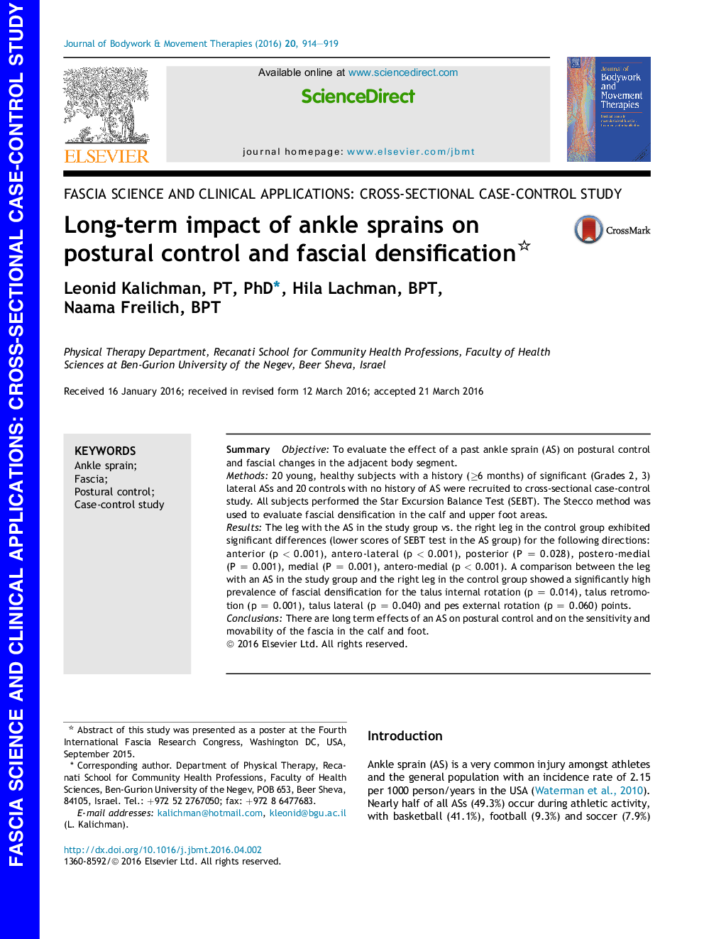 Fascia science and clinical applications: Cross-sectional case-control studyLong-term impact of ankle sprains on postural control and fascial densification