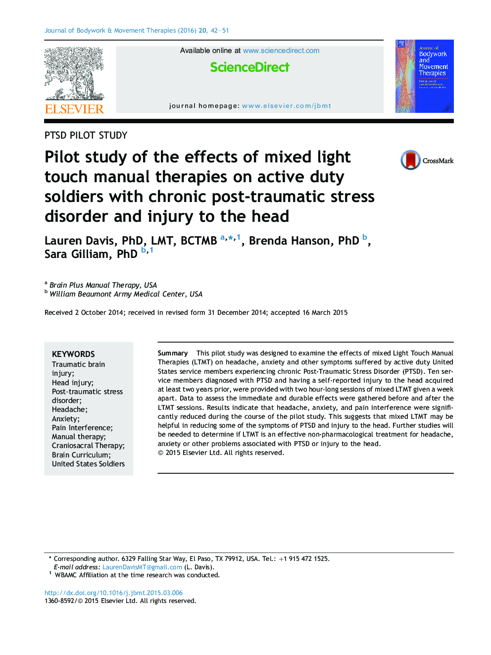 PTSD pilot studyPilot study of the effects of mixed light touch manual therapies on active duty soldiers with chronic post-traumatic stress disorder and injury to the head
