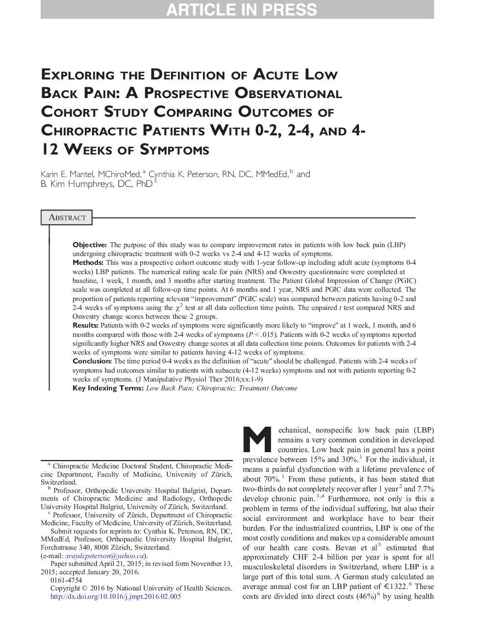 Exploring the Definition of Acute Low Back Pain: A Prospective Observational Cohort Study Comparing Outcomes of Chiropractic Patients With 0-2, 2-4, and 4-12 Weeks of Symptoms