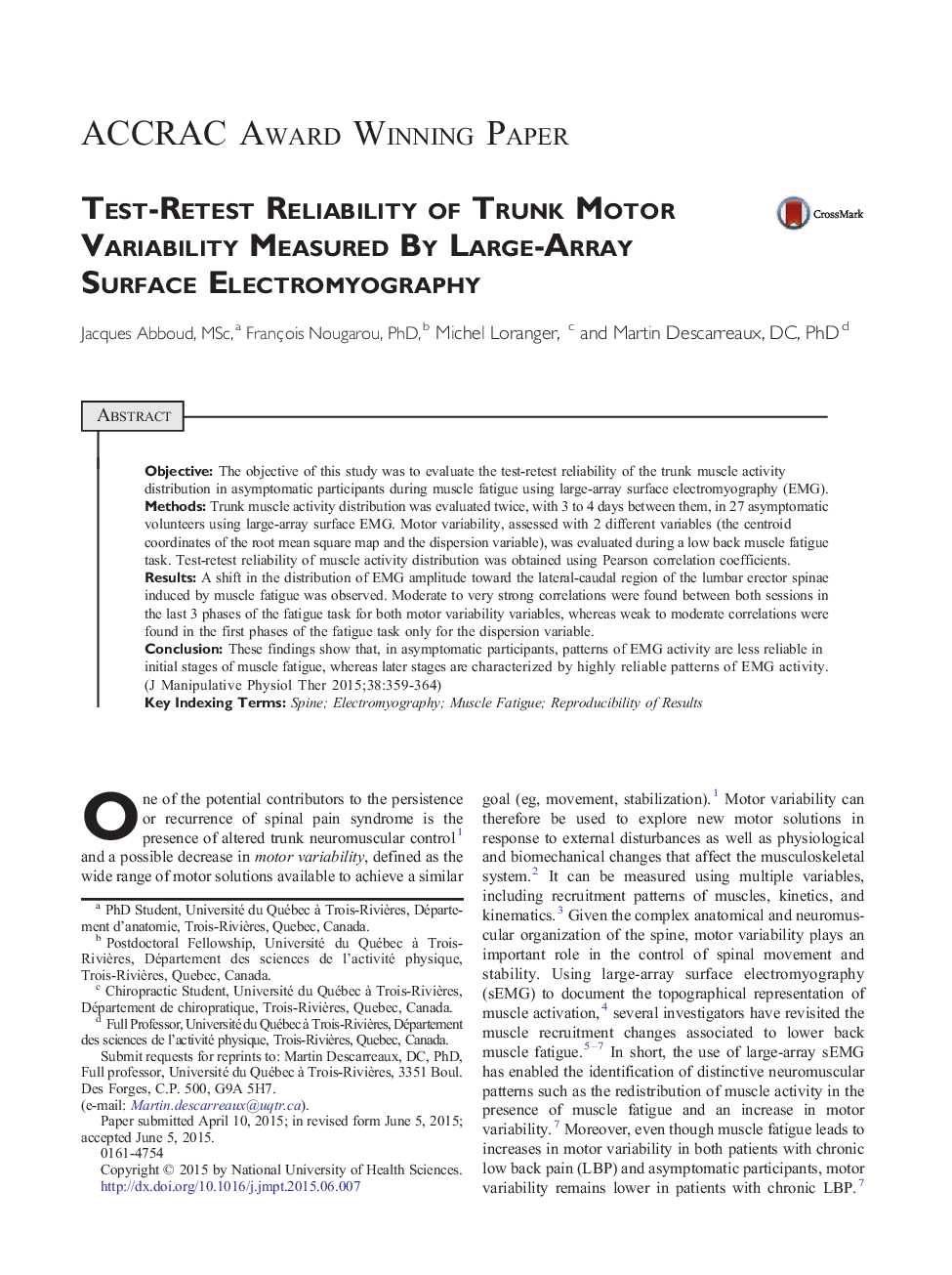 ACCRAC Award Winning PaperTest-Retest Reliability of Trunk Motor Variability Measured By Large-Array Surface Electromyography