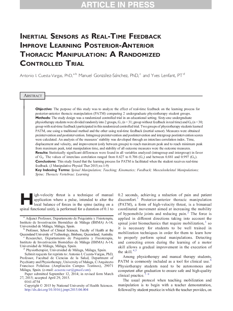 Inertial Sensors as Real-Time Feedback Improve Learning Posterior-Anterior Thoracic Manipulation: A Randomized Controlled Trial