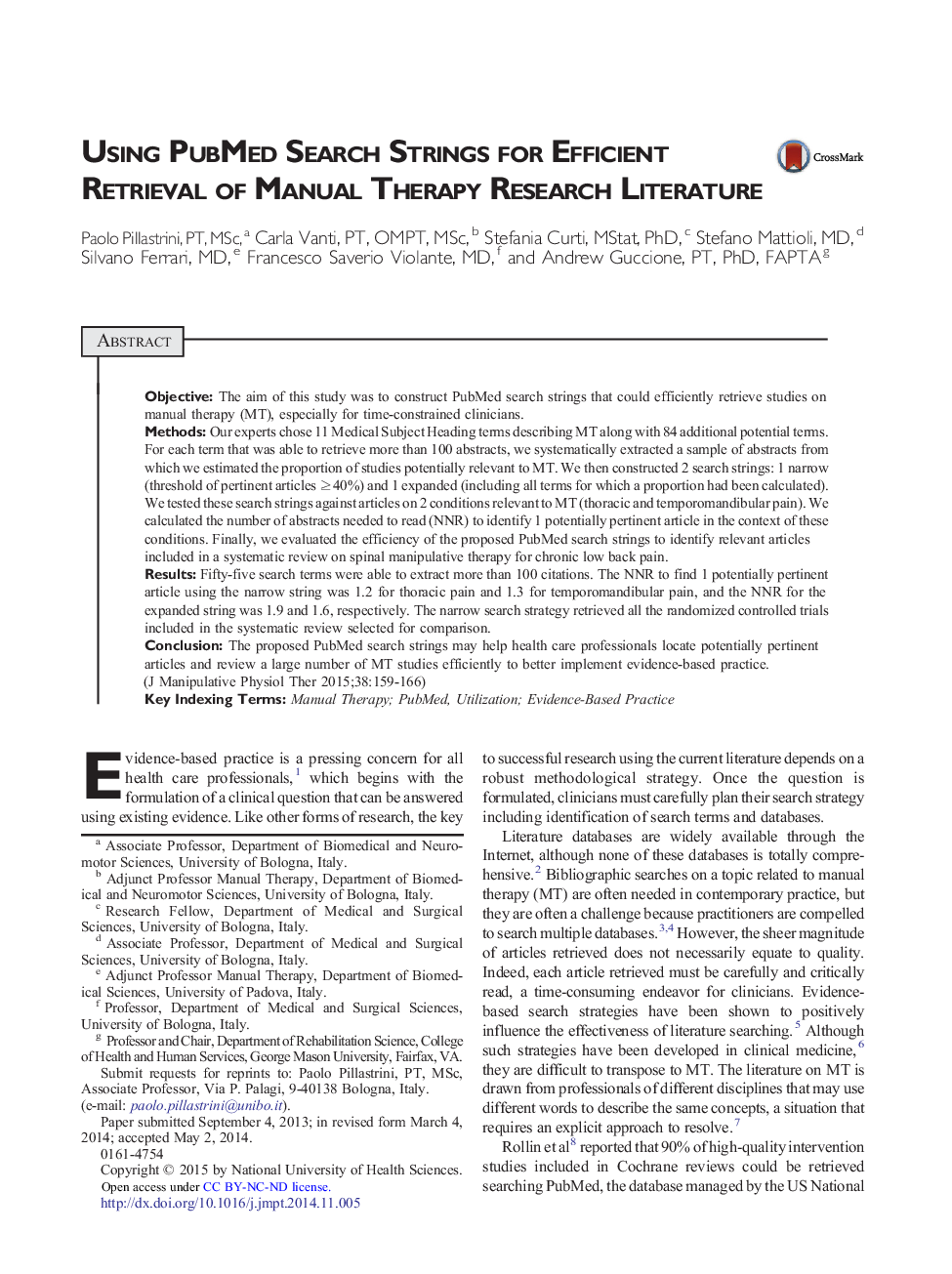 Original ResearchUsing PubMed Search Strings for Efficient Retrieval of Manual Therapy Research Literature