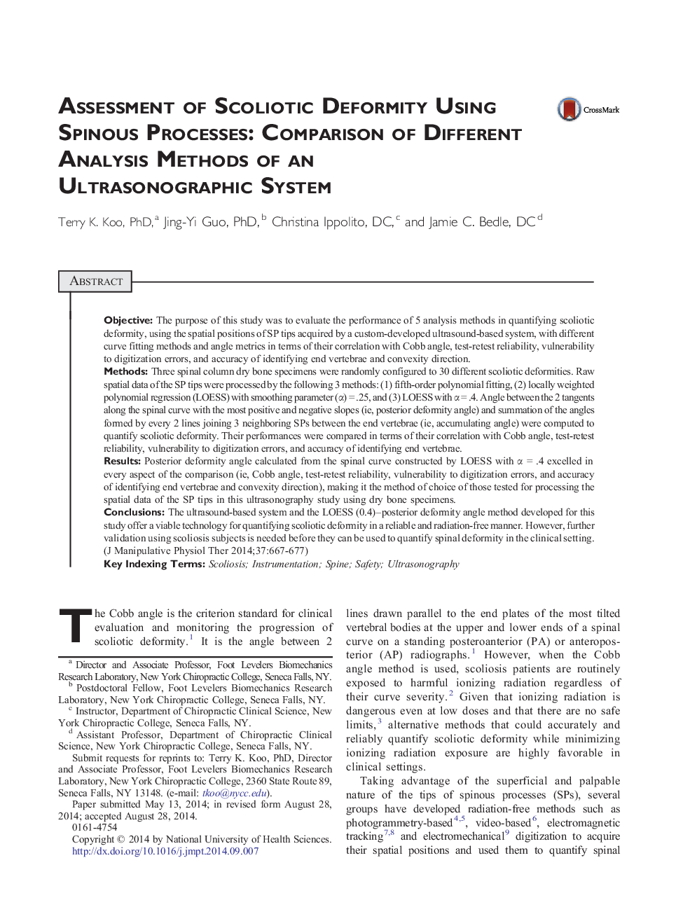 Original ArticleAssessment of Scoliotic Deformity Using Spinous Processes: Comparison of Different Analysis Methods of an Ultrasonographic System