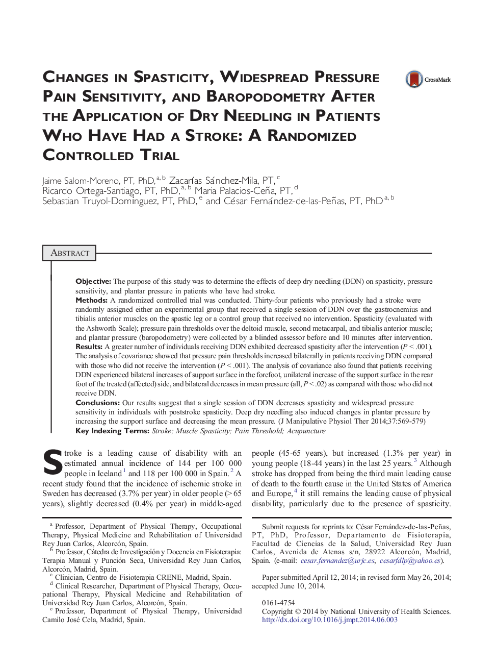 Changes in Spasticity, Widespread Pressure Pain Sensitivity, and Baropodometry After the Application of Dry Needling in Patients Who Have Had a Stroke: A Randomized Controlled Trial