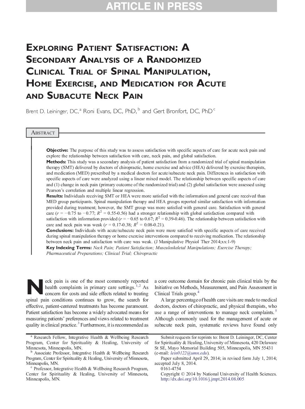 Exploring Patient Satisfaction: A Secondary Analysis of a Randomized Clinical Trial of Spinal Manipulation, Home Exercise, and Medication for Acute and Subacute Neck Pain