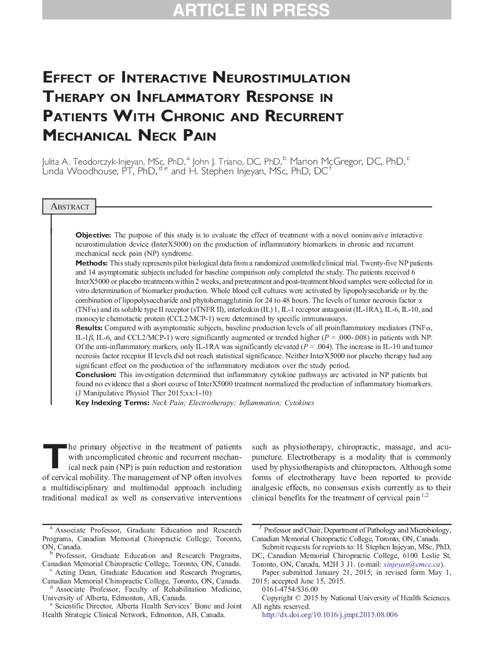 Effect of Interactive Neurostimulation Therapy on Inflammatory Response in Patients With Chronic and Recurrent Mechanical Neck Pain