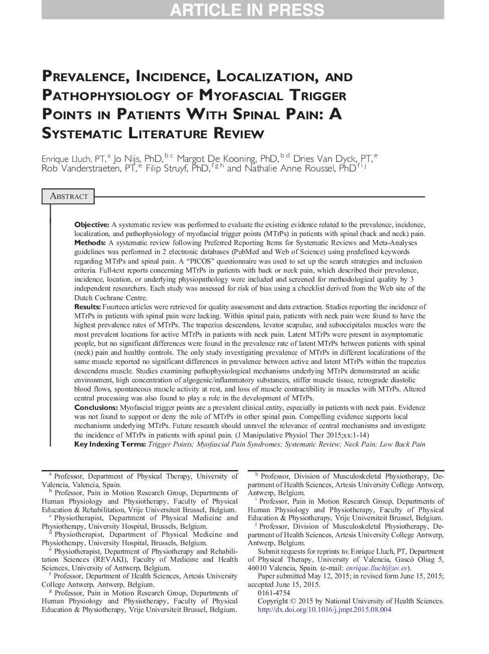 Prevalence, Incidence, Localization, and Pathophysiology of Myofascial Trigger Points in Patients With Spinal Pain: A Systematic Literature Review