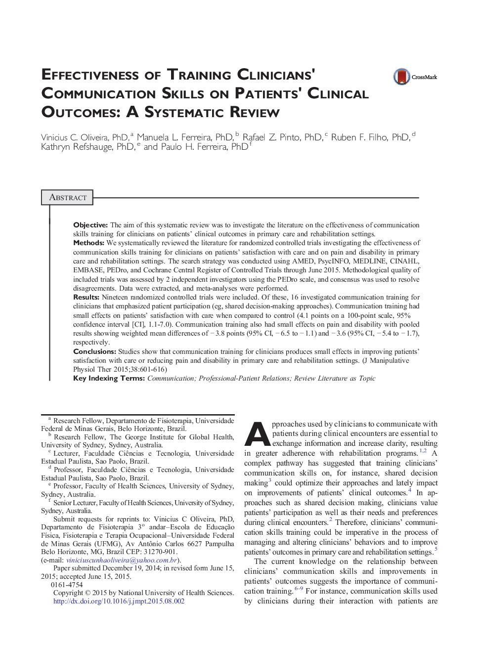 Literature ReviewEffectiveness of Training Clinicians' Communication Skills on Patients' Clinical Outcomes: A Systematic Review