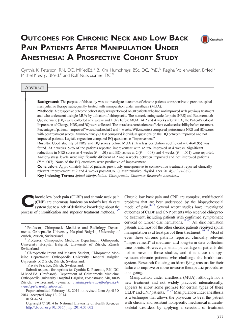 Outcomes for Chronic Neck and Low Back Pain Patients After Manipulation Under Anesthesia: A Prospective Cohort Study