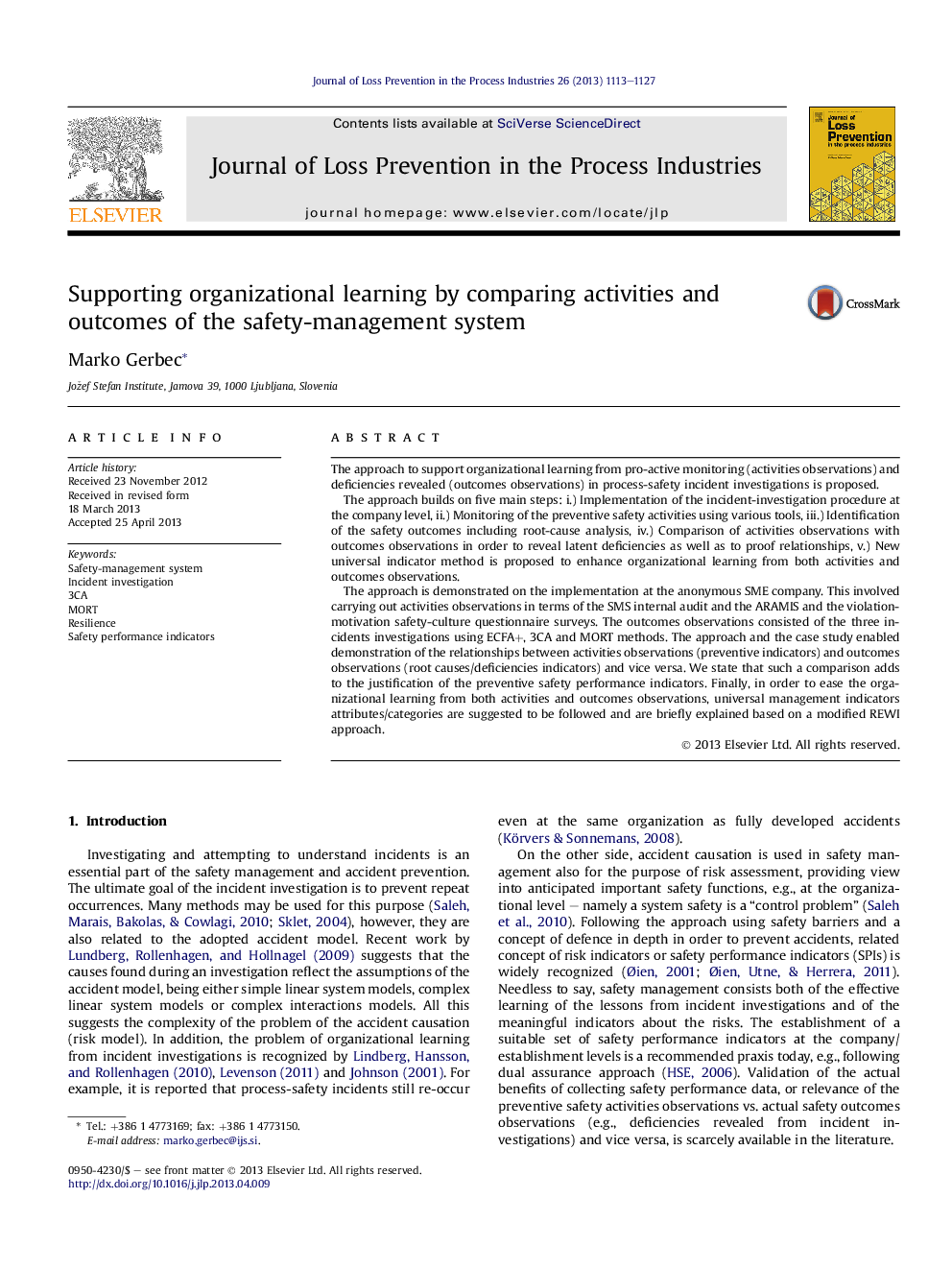 Supporting organizational learning by comparing activities and outcomes of the safety-management system