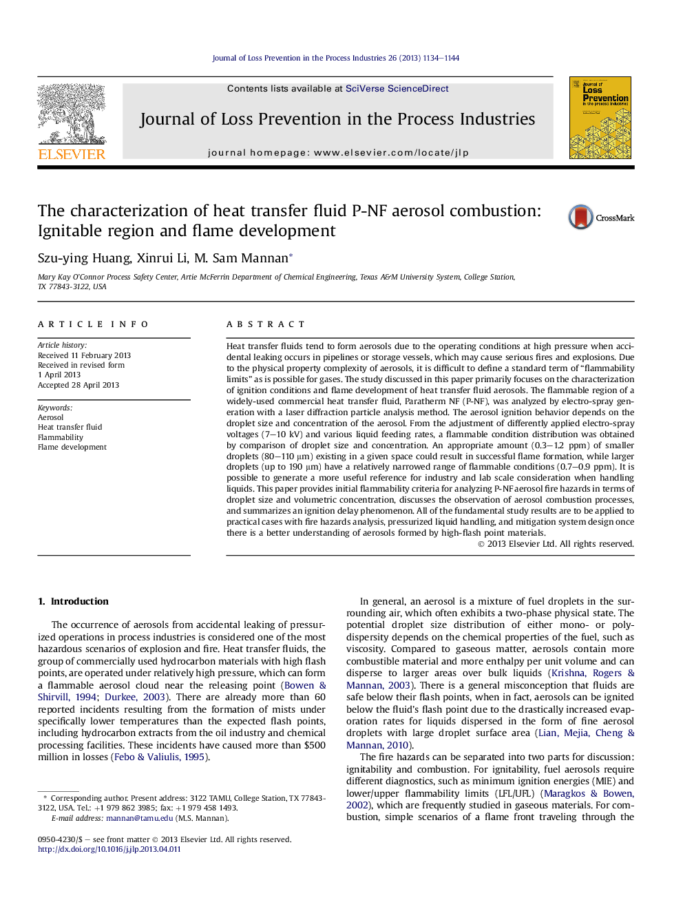 The characterization of heat transfer fluid P-NF aerosol combustion: Ignitable region and flame development