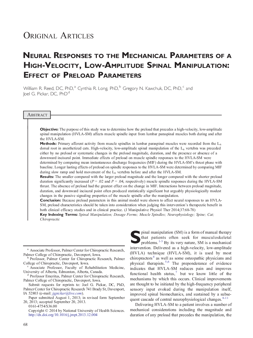 Neural Responses to the Mechanical Parameters of a High-Velocity, Low-Amplitude Spinal Manipulation: Effect of Preload Parameters