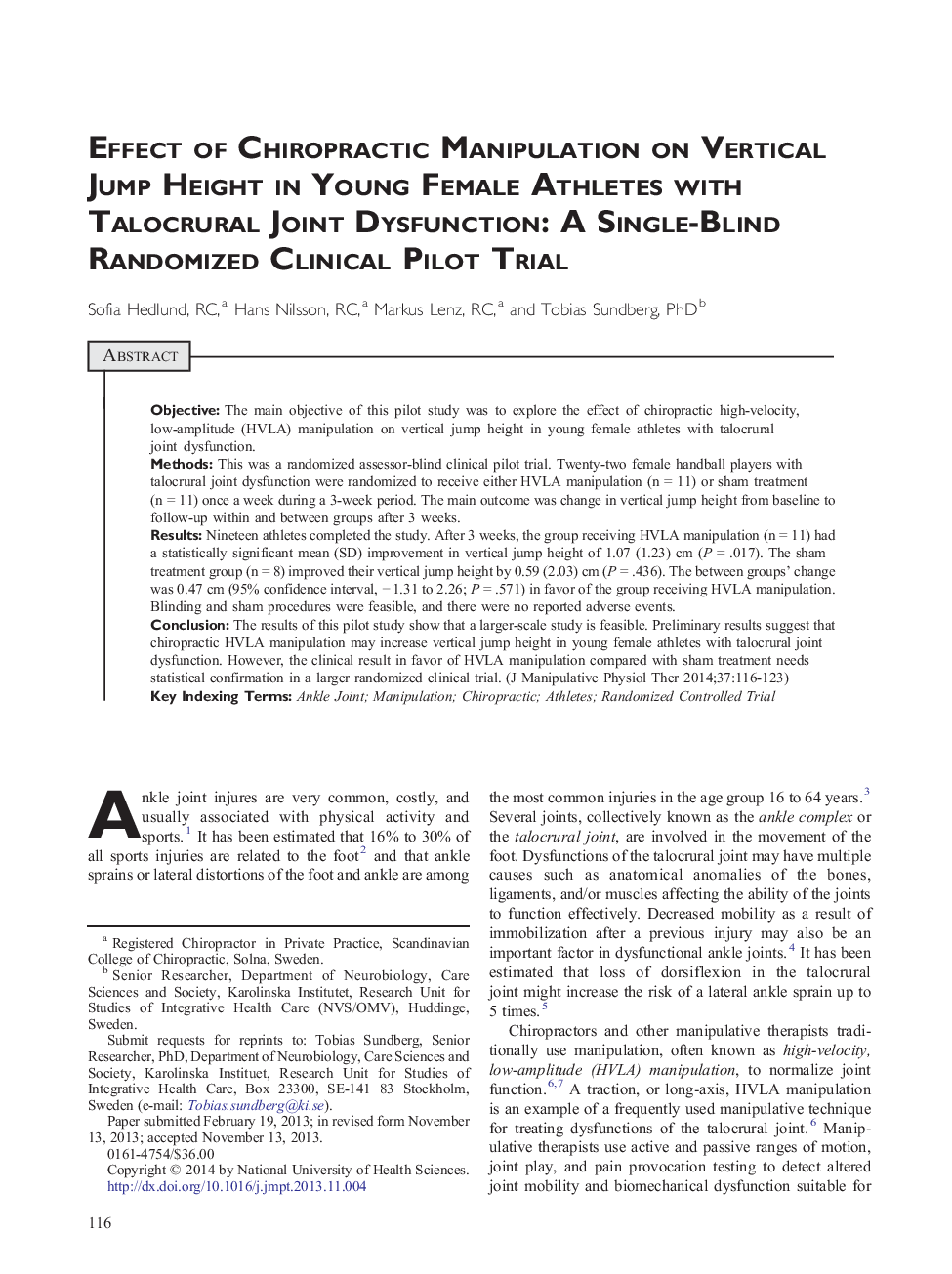 Effect of Chiropractic Manipulation on Vertical Jump Height in Young Female Athletes with Talocrural Joint Dysfunction: A Single-Blind Randomized Clinical Pilot Trial