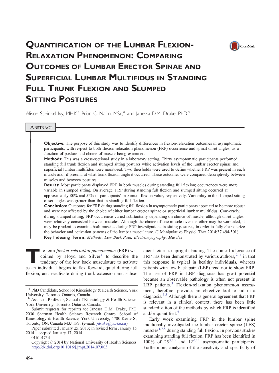 Quantification of the Lumbar Flexion-Relaxation Phenomenon: Comparing Outcomes of Lumbar Erector Spinae and Superficial Lumbar Multifidus in Standing Full Trunk Flexion and Slumped Sitting Postures