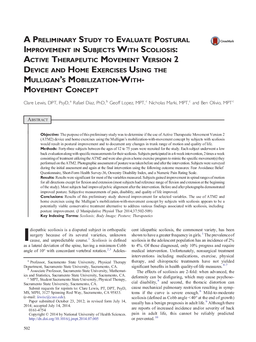 A Preliminary Study to Evaluate Postural Improvement in Subjects With Scoliosis: Active Therapeutic Movement Version 2 Device and Home Exercises Using the Mulligan's Mobilization-With-Movement Concept