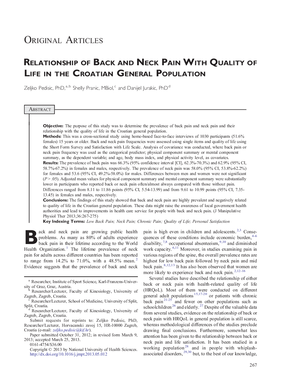 Original ArticleRelationship of Back and Neck Pain With Quality of Life in the Croatian General Population