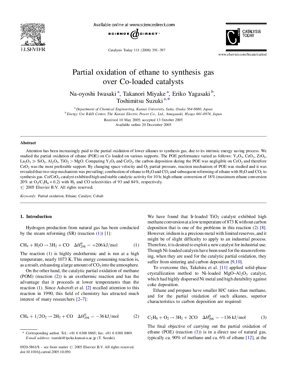 Partial oxidation of ethane to synthesis gas over Co-loaded catalysts