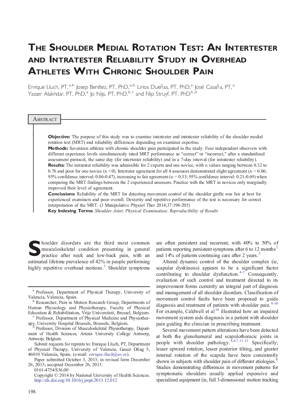 Original ArticleThe Shoulder Medial Rotation Test: An Intertester and Intratester Reliability Study in Overhead Athletes With Chronic Shoulder Pain