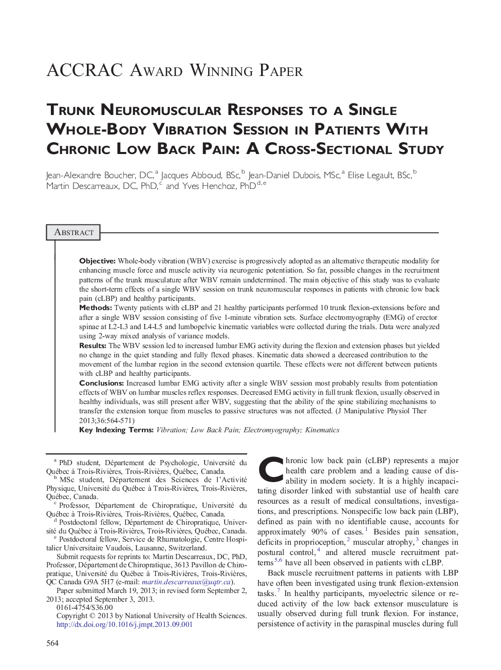 ACCRAC Award Winning PaperTrunk Neuromuscular Responses to a Single Whole-Body Vibration Session in Patients With Chronic Low Back Pain: A Cross-Sectional Study