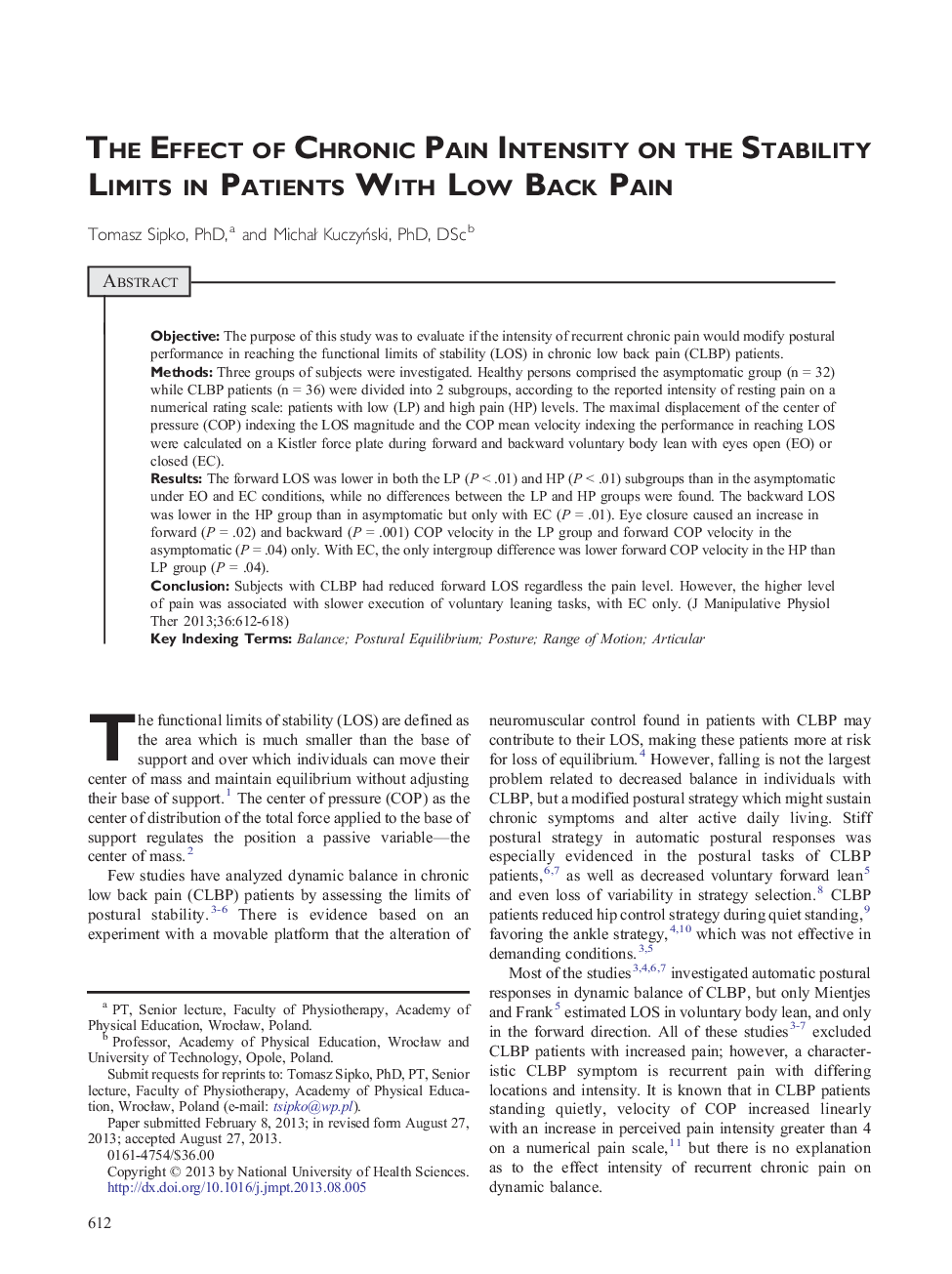 The Effect of Chronic Pain Intensity on the Stability Limits in Patients With Low Back Pain