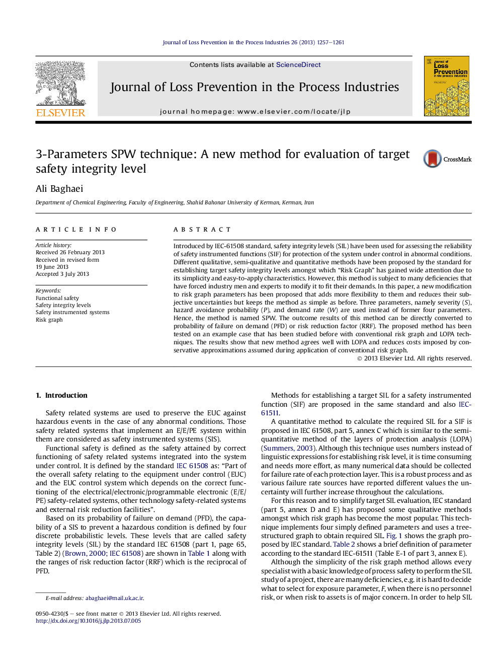 3-Parameters SPW technique: A new method for evaluation of target safety integrity level